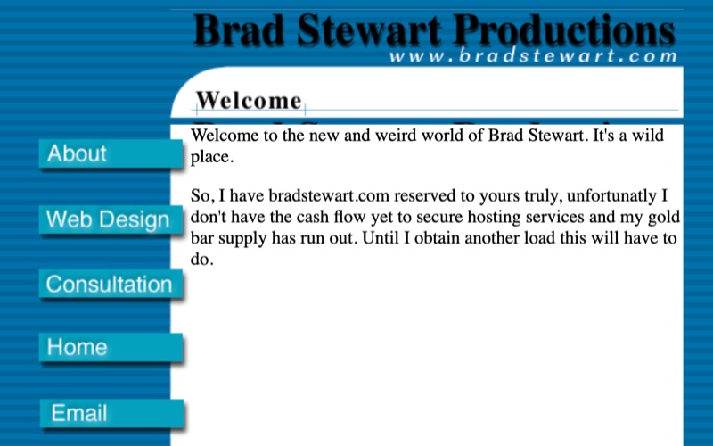 The first bradstewart.com home page, branded Brad Stewart Productions, on a blue striped background