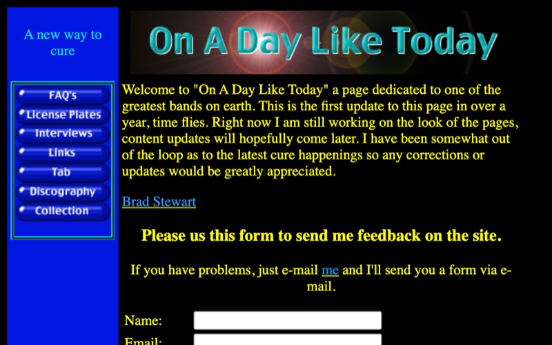 On A Day Like Today, a Cure fan site with a blue button sidebar and yellow text on black